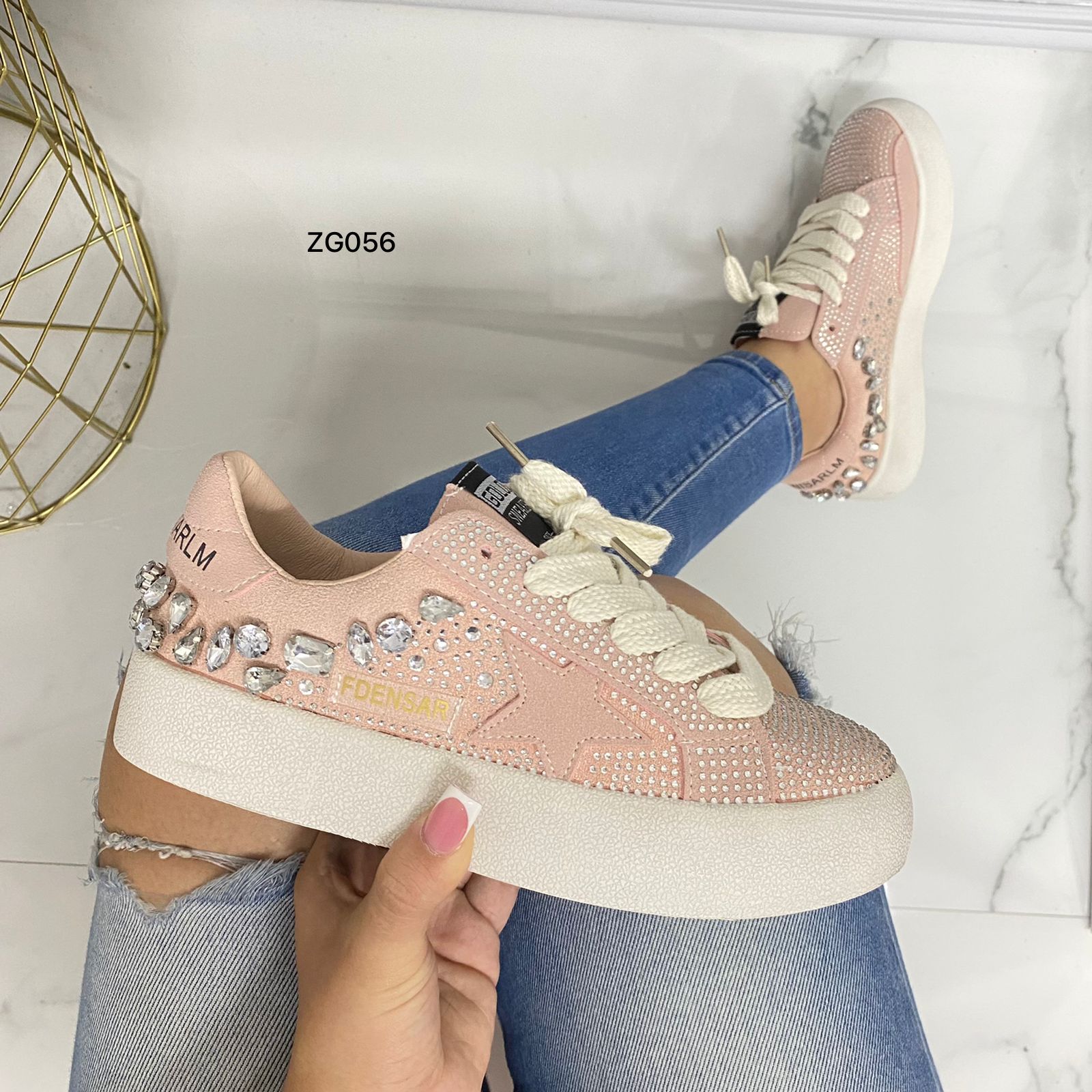 Tenis rosado apliques brillantes suela beige 3cm 9919 C-1